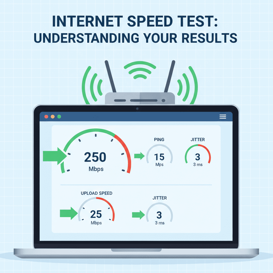 Example of WiFi speed test showing download, upload, and ping
