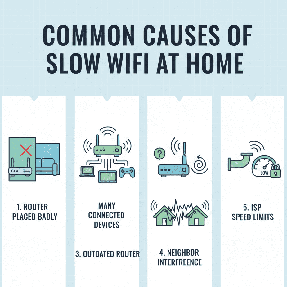 Common causes of slow WiFi at home & how to improve wifi at home explained with infographic icons 