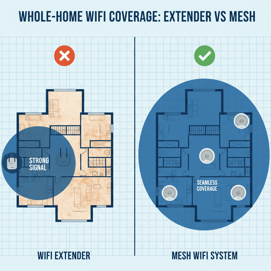 WiFi extender vs mesh system coverage comparison in large house
