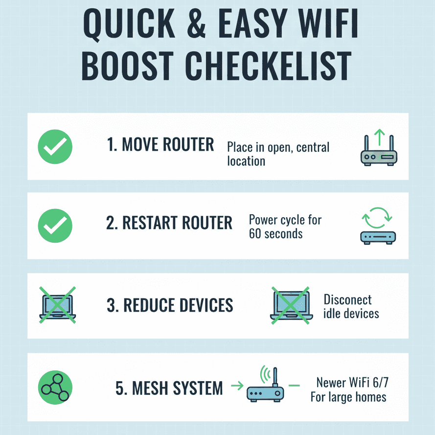 Quick checklist to improve WiFi speed at home infographic