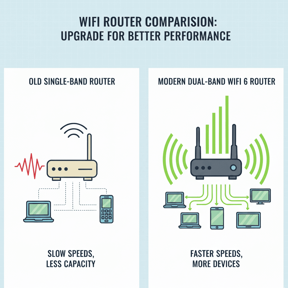 Old router vs modern WiFi 6 router speed comparison infographic