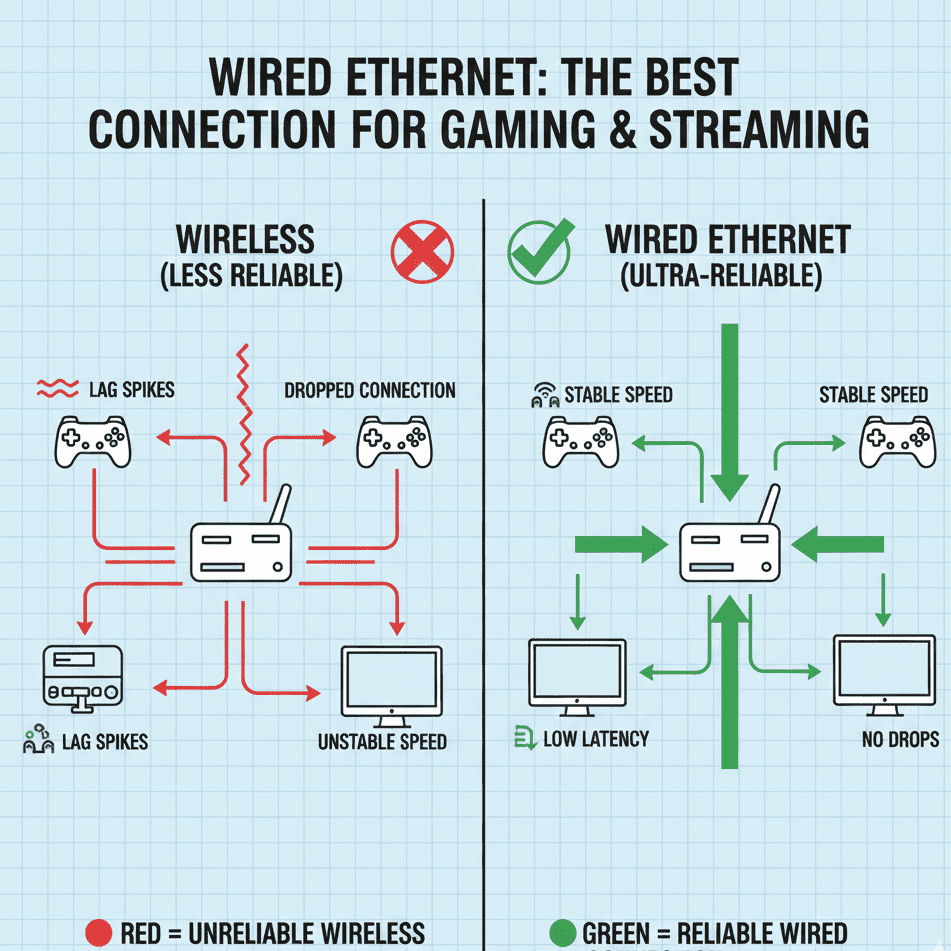 Ethernet connection from router to gaming console and desktop PC